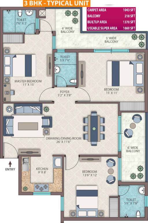 emerald heights floor plan 3 BHK 1660-sq.ft.