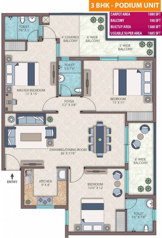 Emerald heights floor plan 2 BHK 1395-sq.ft.