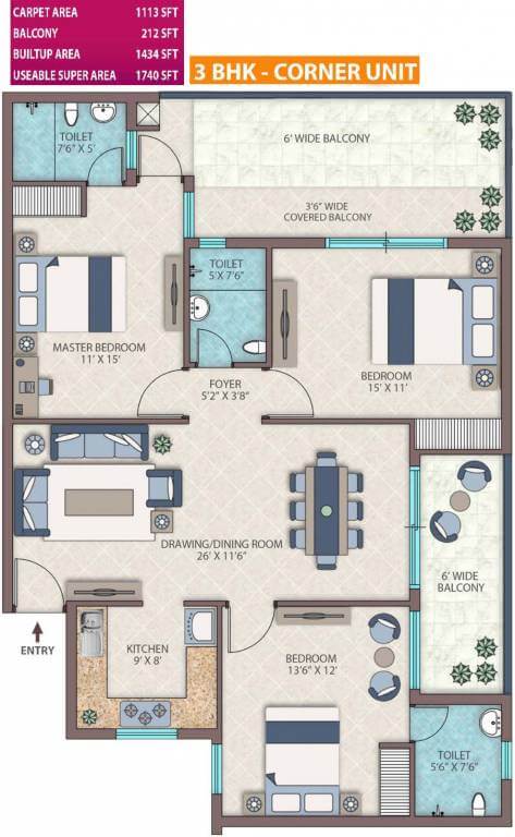 emerald heights floor plan 3 BHK 1740 sq.ft.